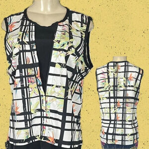 ECI New York L Black Floral Window Pane Sheer Inlay Crew Neck Sleeveless Blouse